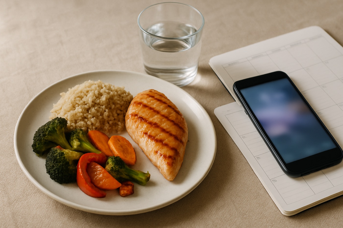 A small high-protein meal of grilled chicken, quinoa and roasted vegetables with a glass of water, a smartphone and a weekly planner