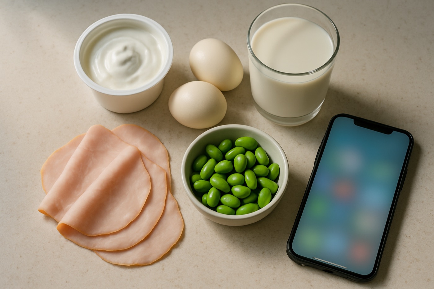 Protein-forward small snacks: Greek yogurt, boiled eggs, sliced turkey, edamame and a glass of milk next to a smartphone
